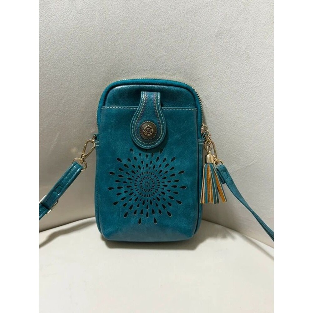 Aphison Small Crossbody Cell Phone Purse Teal Vegan Leather Tassel
